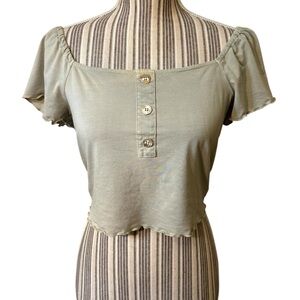 Project Social T Crop Top XS Sage Green 1/2 Button-up Short Sleeves Boho Stretch